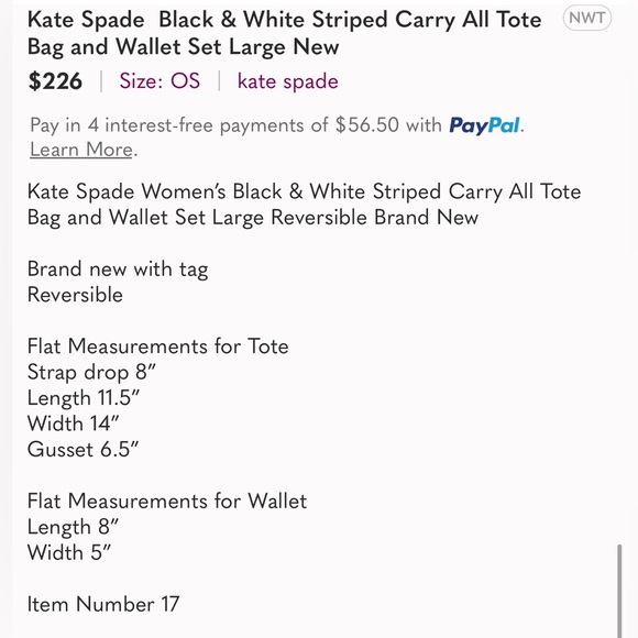 Kate Spade Black and White Stripes Reversible Tote Bag with Wallet Brand New - Picture 9 of 9